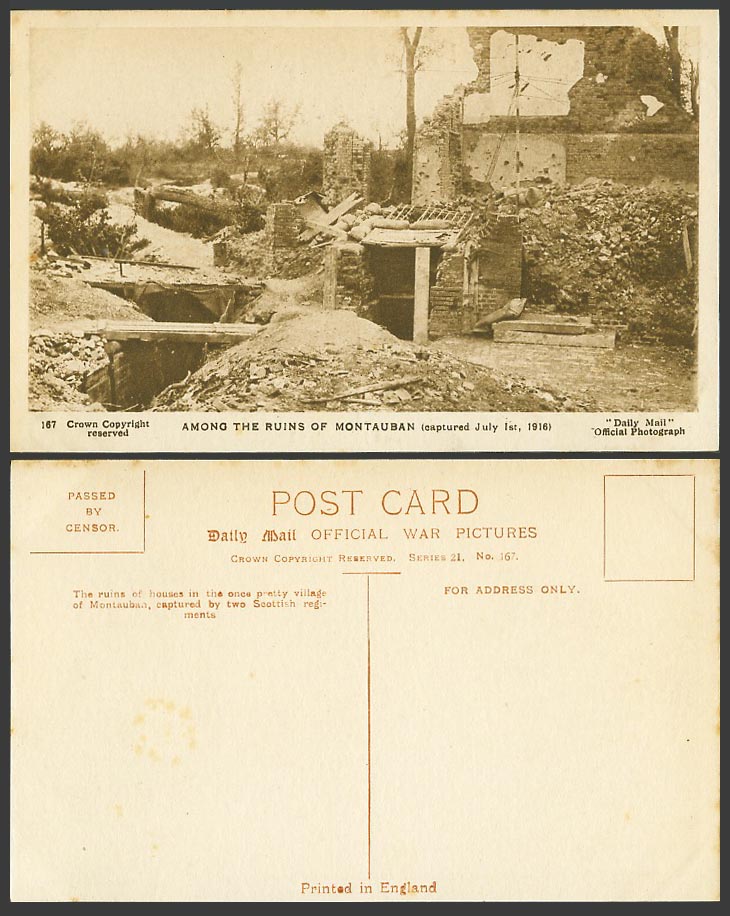 WW1 Daily Mail Old Postcard Among The Ruins of Montauban, Captured July 1st 1916