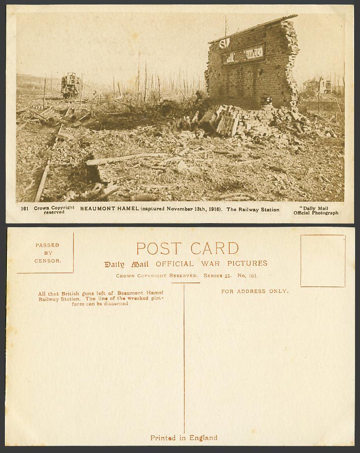 WW1 Daily Mail Old Postcard Beaumont Hamel Railway Station Captured Nov 13. 1916