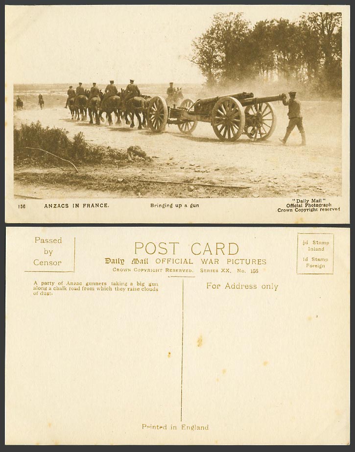 WW1 Daily Mail Old Postcard Anzacs in France Bringing Up a Gun, Horses, Soldiers