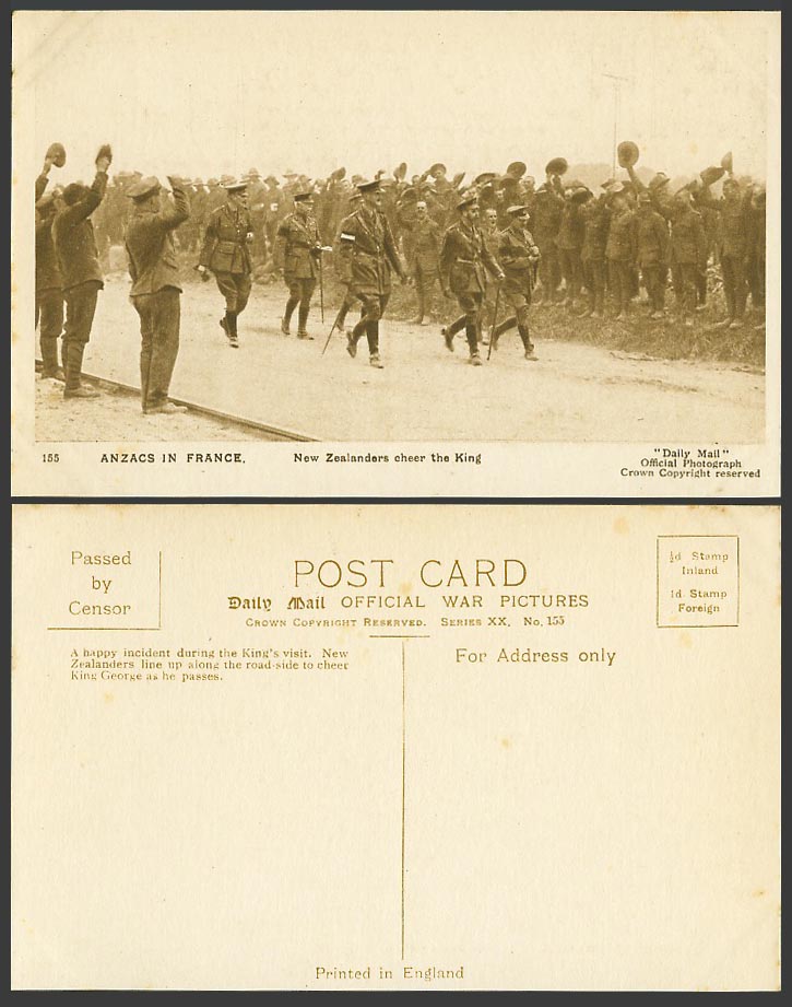 WW1 Daily Mail Old Postcard ANZACS in France, New Zealanders Cheer The King, 155