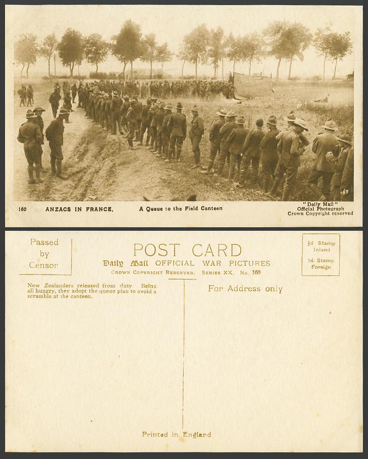 WW1 Daily Mail Old Postcard ANZACS in France, Soldiers, A Queue to Field Canteen