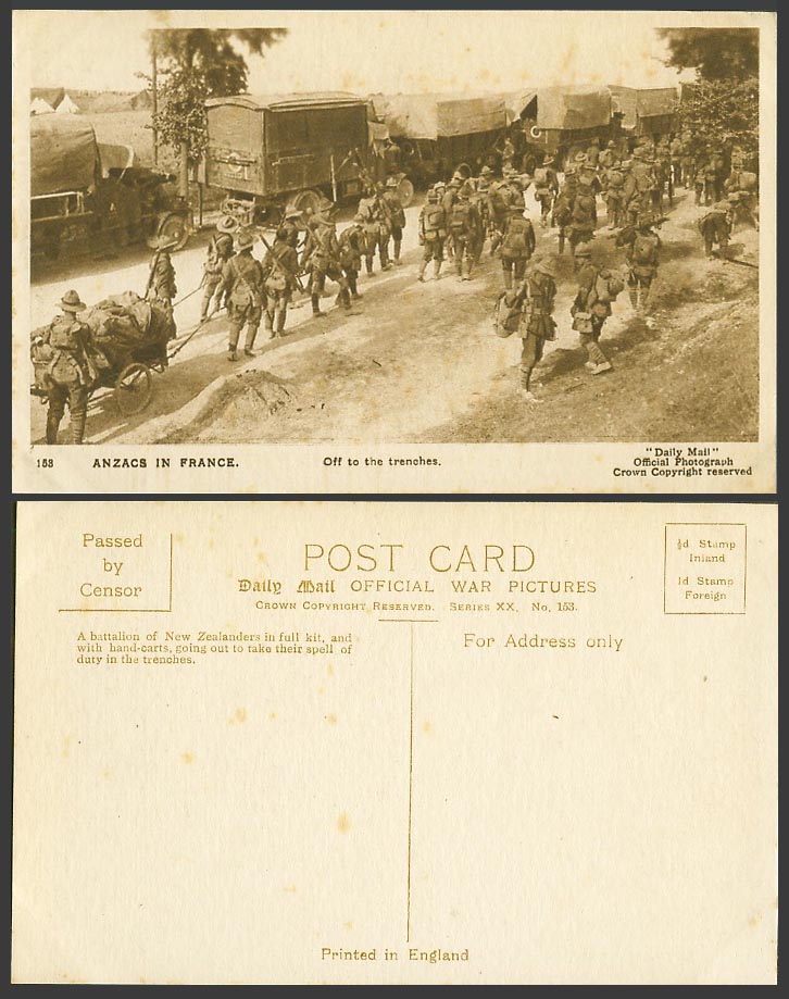 WW1 Daily Mail Old Postcard ANZACS in France Soldiers Off to Trenches Hand-Carts
