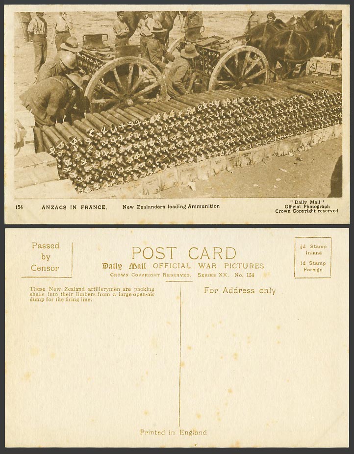 WW1 Daily Mail Old Postcard ANZACS in France, New Zealanders loading Ammunition