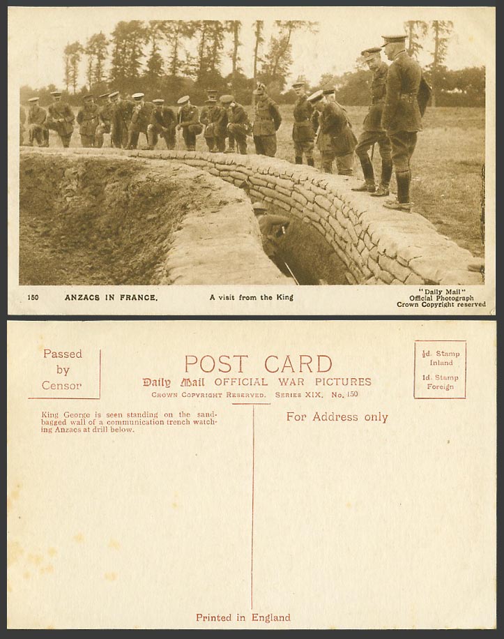 WW1 Daily Mail Old Postcard ANZACS in France Trench A Visit from King George 5th