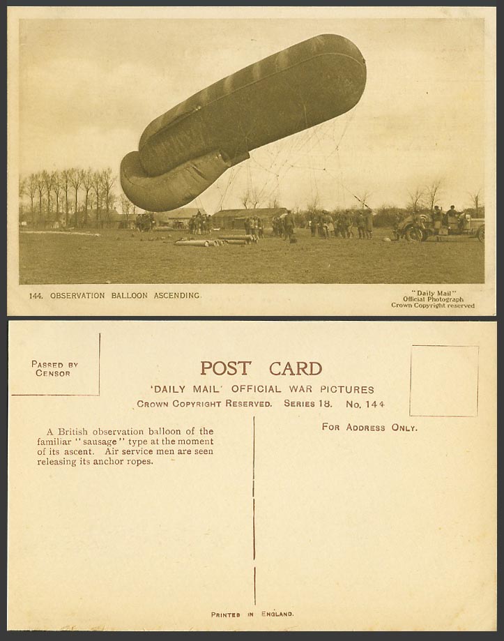 WW1 Daily Mail Old Postcard Observation BALLOON Ascending & Air Service Men