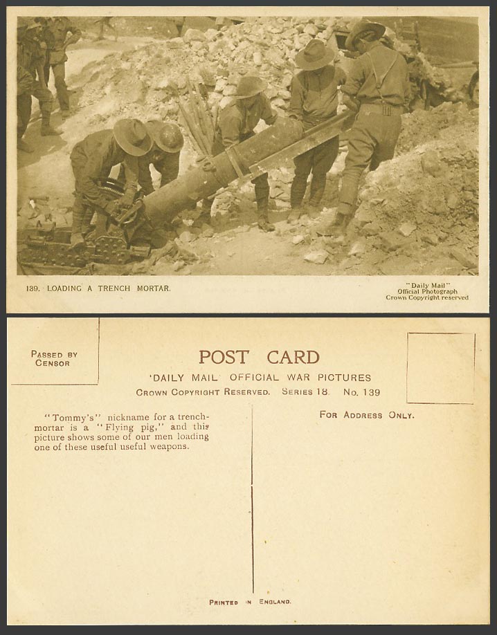WW1 Daily Mail War Old Postcard Tommy Loading a Trench Mortar Flying Pig Weapons