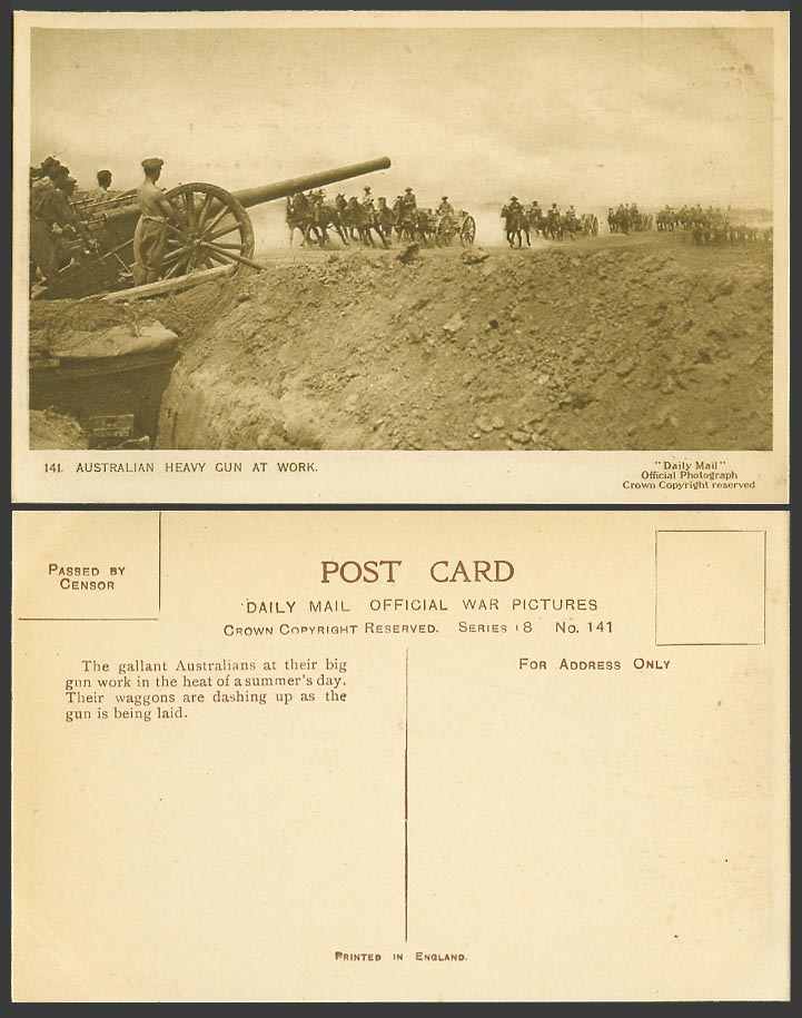 WW1 Daily Mail Old Postcard Australian Heavy Gun at Work, Horse Riders, Soldiers