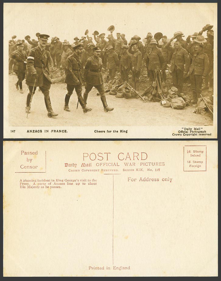 WW1 Daily Mail Old Postcard ANZACS in France Cheers For the King George 5th, 147