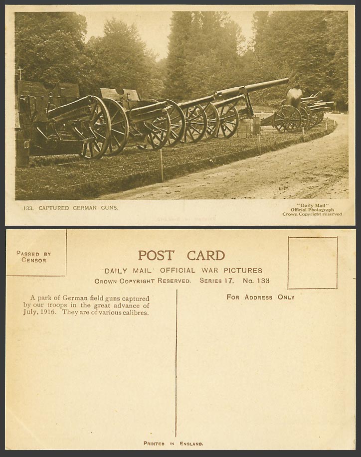 WW1 Daily Mail Old Postcard Captured German Field Guns in Great Advance Jul 1916