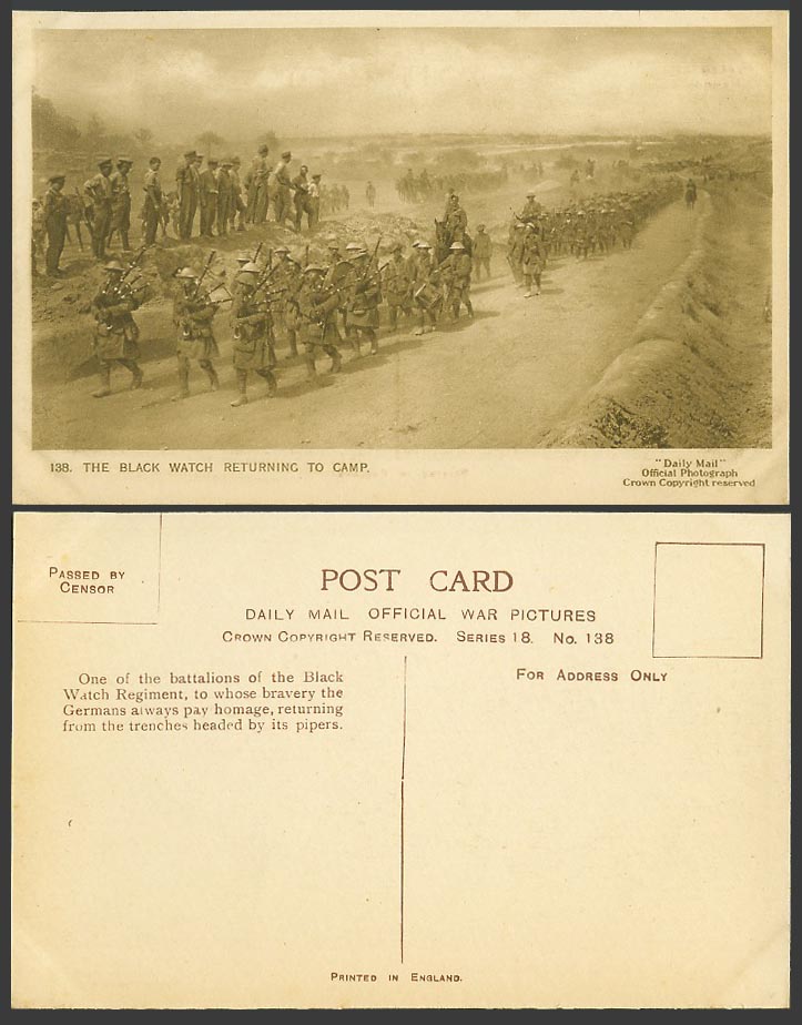 WW1 Daily Mail Old Postcard The Black Watch Returning to Camp Battalion Regiment