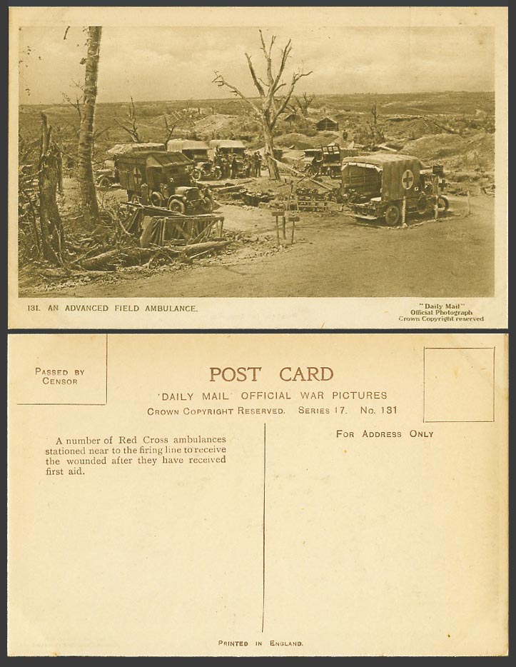 WW1 Daily Mail Old Postcard Red Cross An Advanced Field Ambulance nr Firing Line