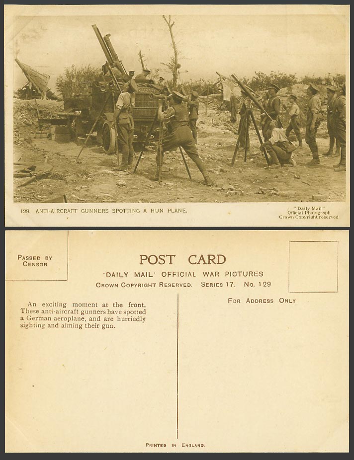 WW1 Daily Mail Old Postcard Anti-Aircraft Gunners - Spotting Hun Plane, Soldiers