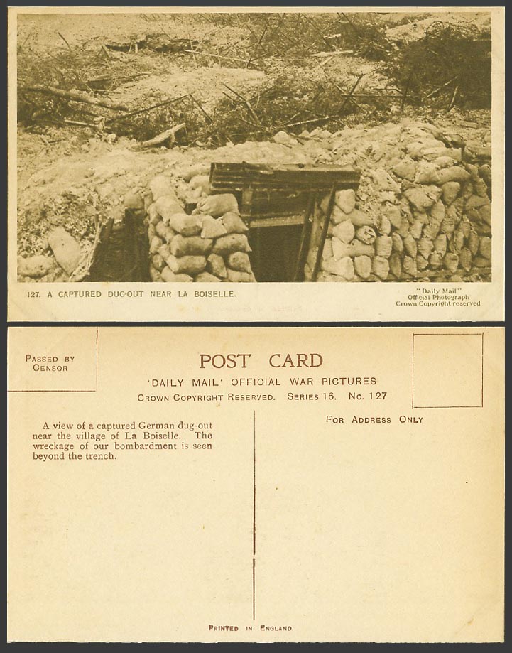 WW1 Daily Mail Old Postcard A Captured German Dug-Out Trench, La Boiselle France