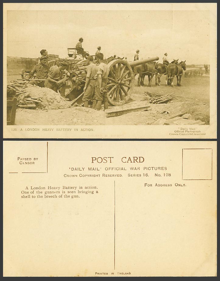 WW1 Daily Mail Old Postcard A London Heavy Battery in Action Horses Soldiers 128
