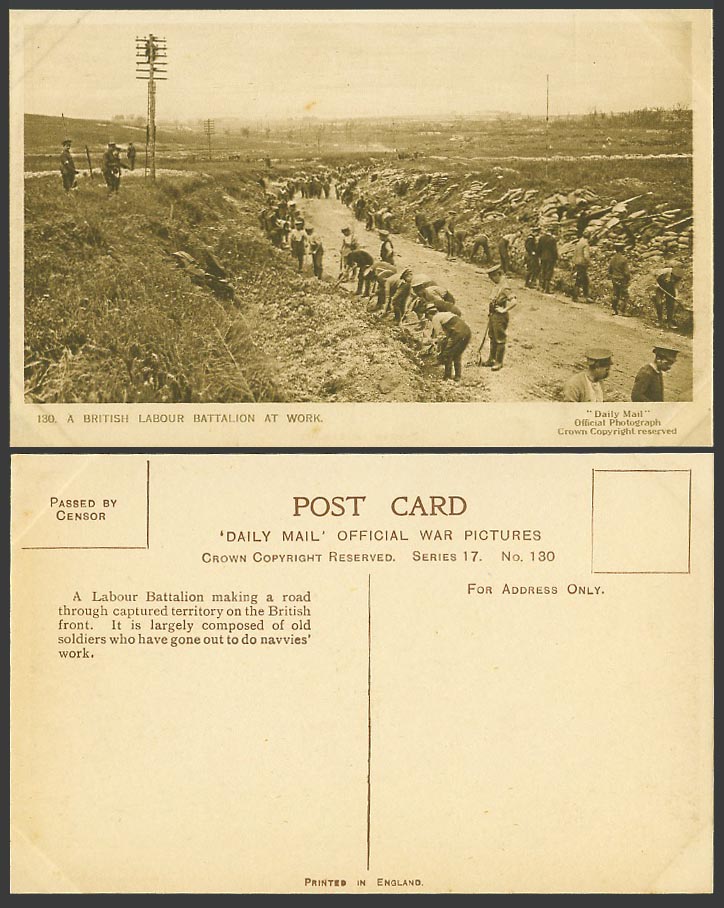 WW1 Daily Mail Old Postcard A British Labour Battalion at Work Making a Road 130