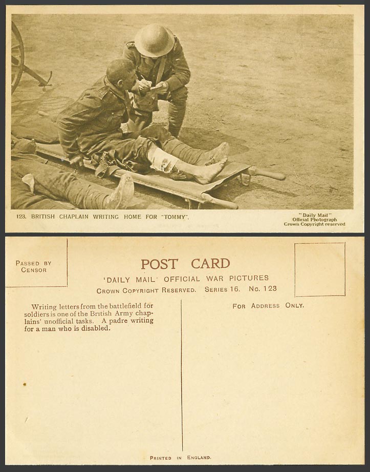 WW1 Daily Mail Old Postcard British Chaplain Writing Home for Tommy, Soldier 123