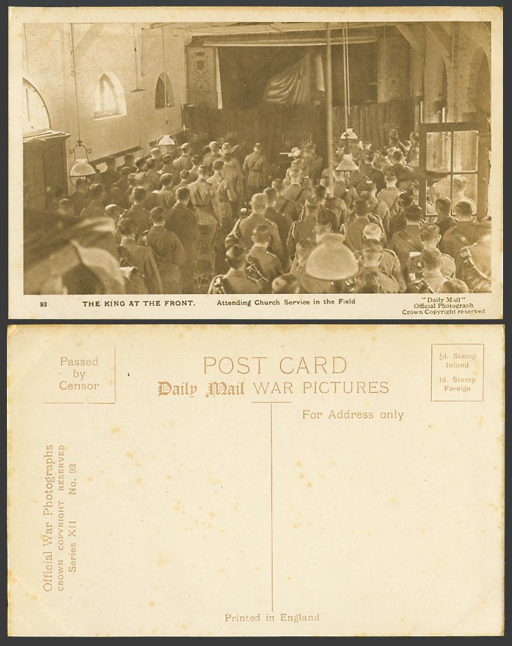 WW1 Old Postcard KING GEORGE V at THE FRONT - Attending Church Service in Field