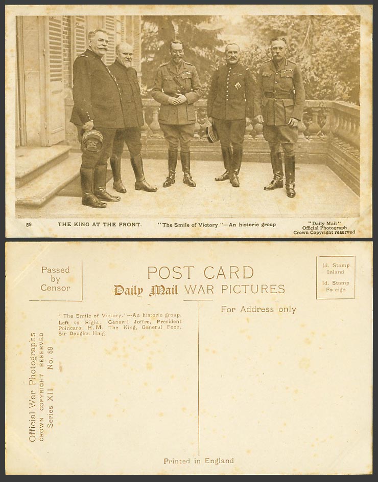 WW1 Old Postcard The KING GEORGE V at FRONT Smile of Victory Joffre Foch D. Haig