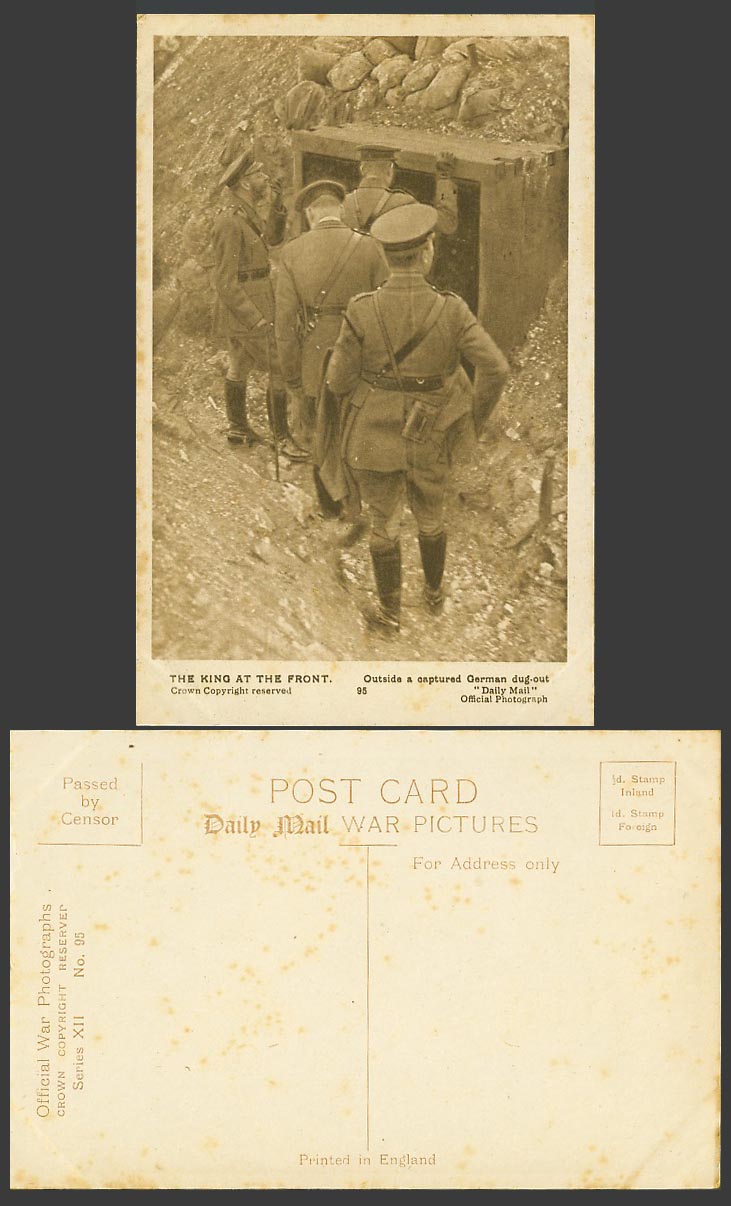 WW1 Daily Mail Old Postcard King George V at The Front A Captured German Dug-Out