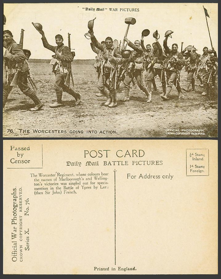 WW1 Daily Mail Old Postcard Worcester Regiment The Worcesters go into Action 76.