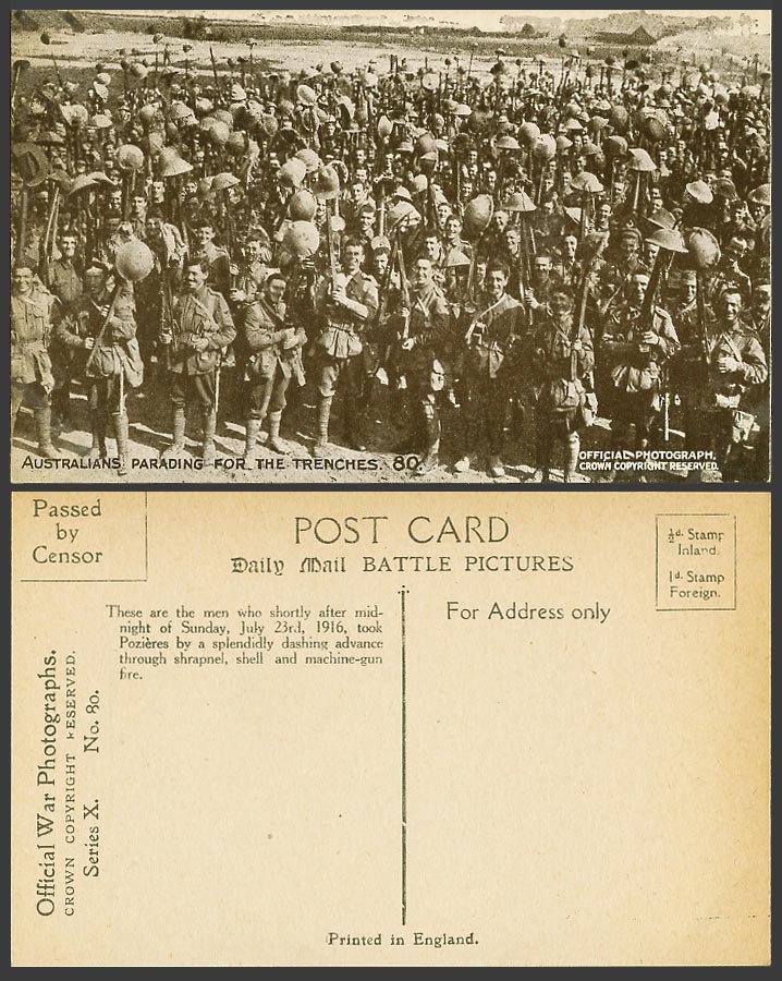 WW1 Daily Mail 1916 Old Postcard Australians Parading for The Trenches, Soldiers