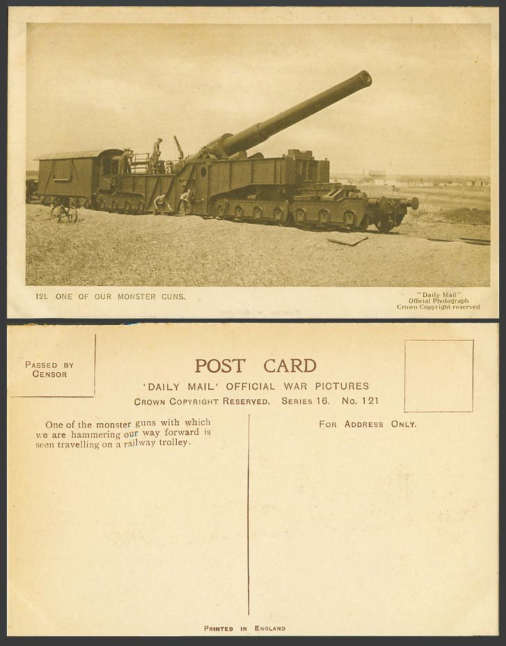 WW1 Daily Mail Old Postcard One of Our Monster Guns Travels on a Railway Trolley
