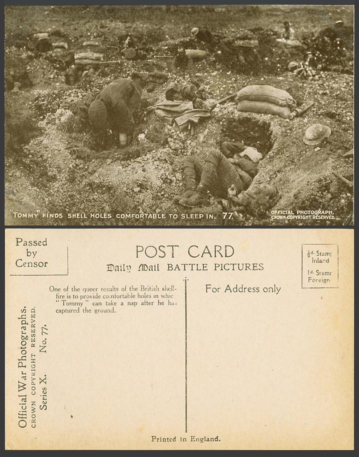 WW1 Daily Mail Old Postcard Tommy Finds Shell Holes Comfortable to Sleep in - 77