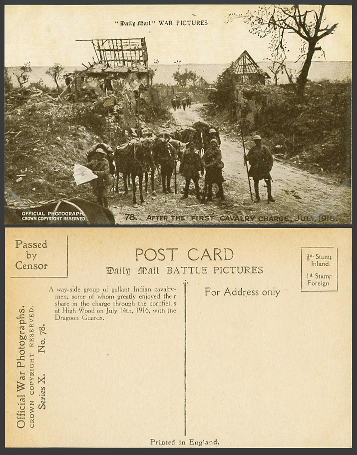 WW1 Daily Mail Old Postcard After The First Cavalry Charge July 1916 Soldiers 78