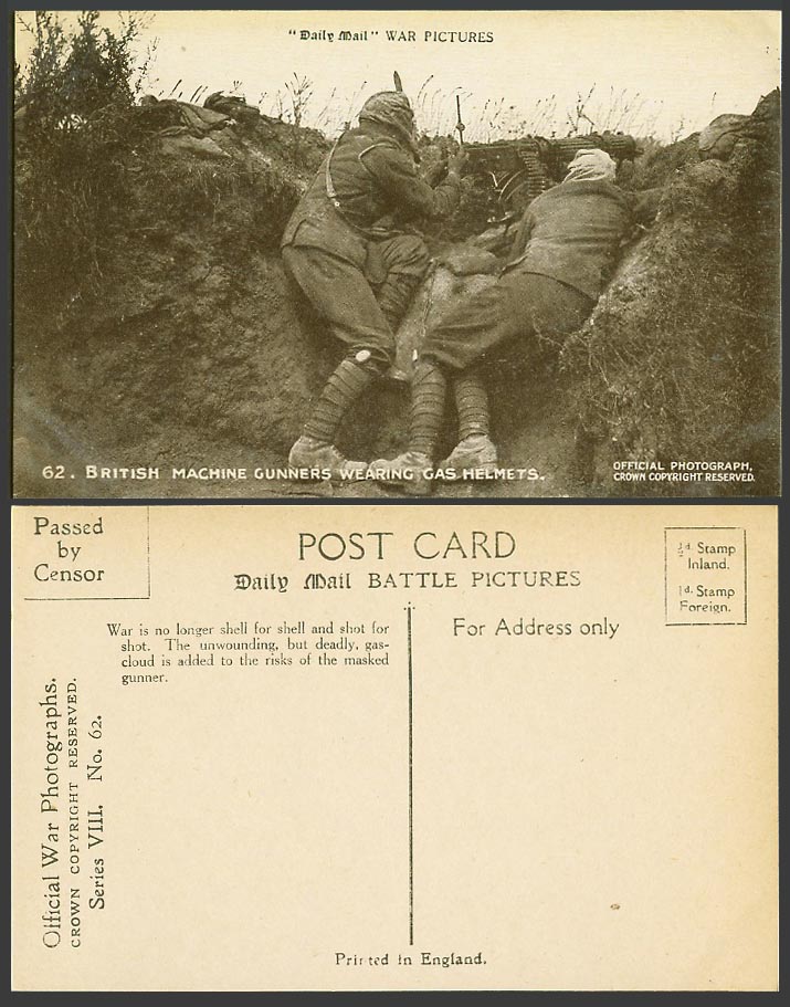 WW1 Daily Mail Old Postcard British Machine Gunners wear Gas Helmets Gas Mask 62