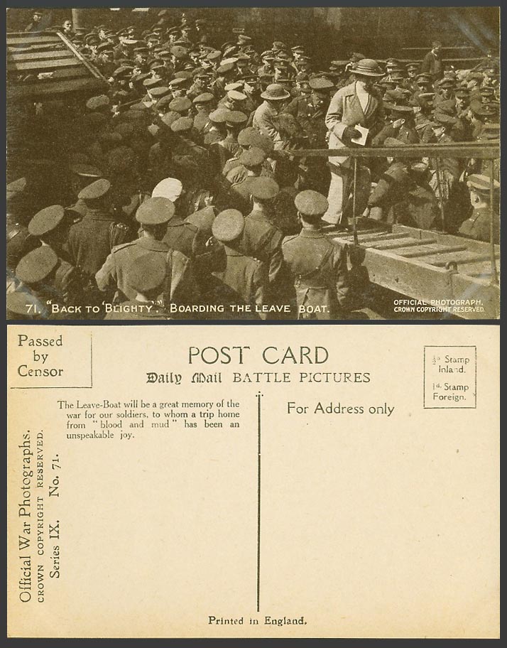 WW1 Daily Mail Censored Old Postcard BACK TO BLIGHTY Boarding The Leave Boat 71.