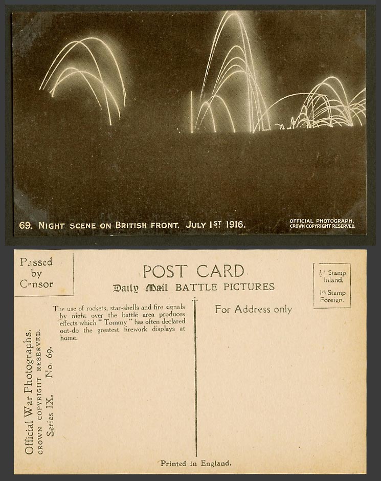 WW1 Daily Mail Old Postcard Night Scene on British Front, July 1st 1916, Rockets