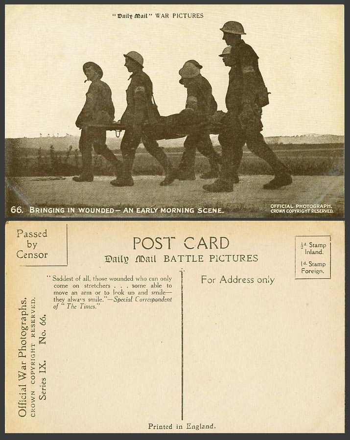 WW1 Daily Mail Old Postcard Red Cross Bring in Wounded Stretcher - Early Morning