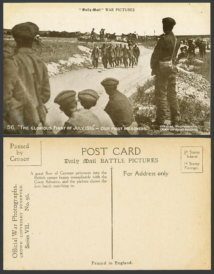 WW1 Daily Mail Old Postcard Glorious 1st July 1916 First Prisoners of War P.O.W.