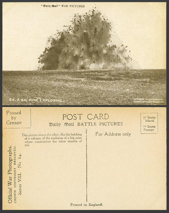 WW1 Daily Mail Official War Pictures Old Postcard A Big Mine Exploding No. 64
