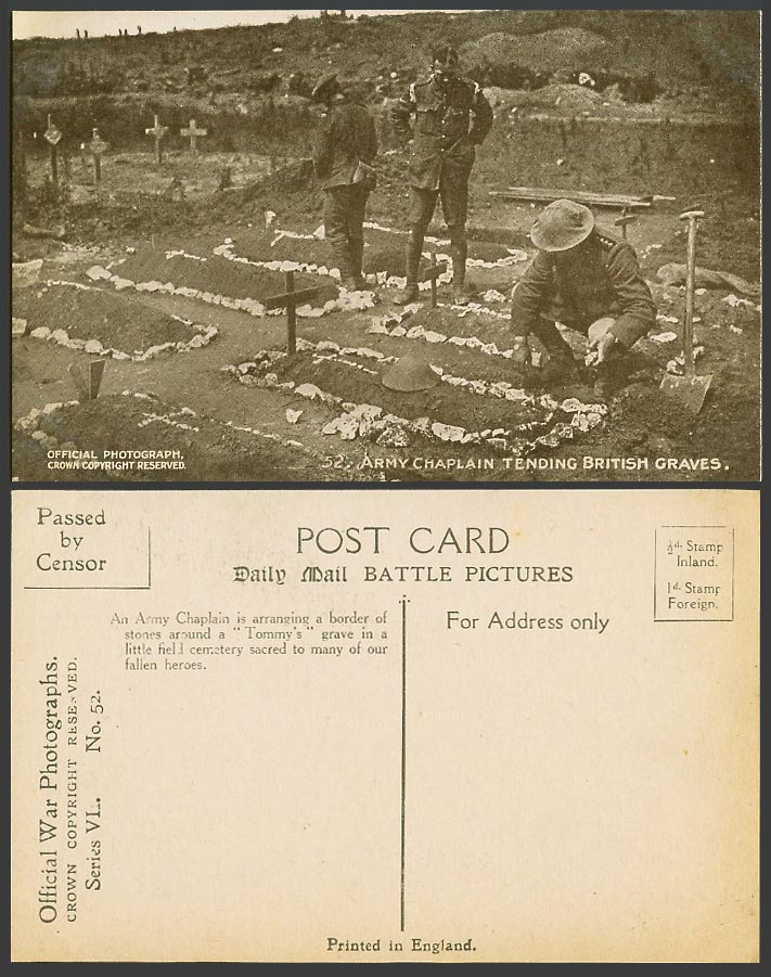 WW1 Daily Mail Old Postcard Army Chaplain Tending British Graves Soldier Crosses