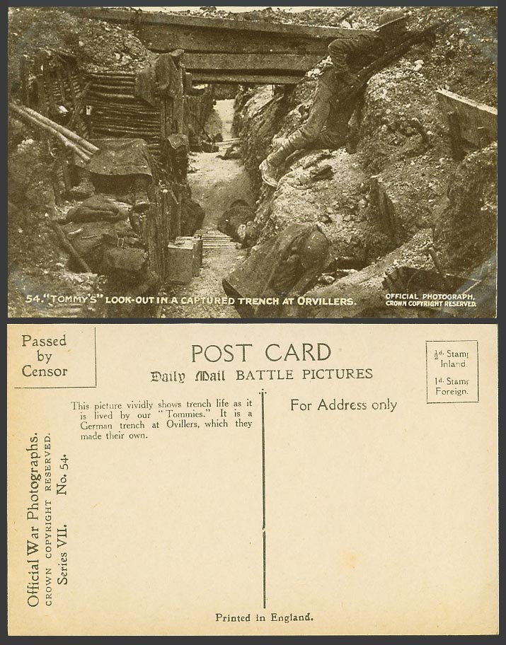 WW1 Daily Mail Old Postcard Tommy's Look-Out in Captured German Trench Orvillers
