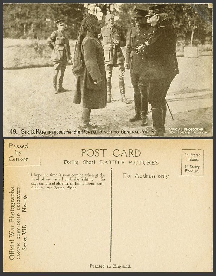 WW1 Daily Mail Old Postcard S D. Haig Introducing Pertab Singh to General Joffre