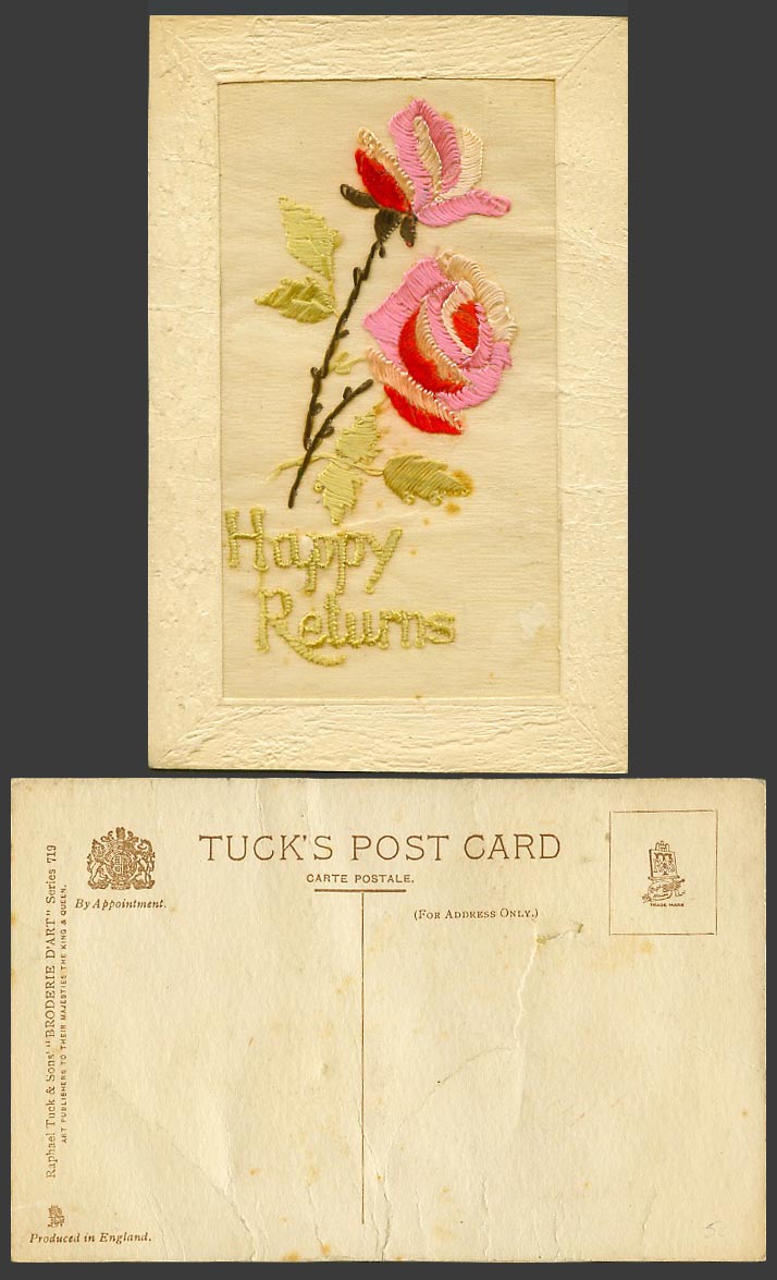 WW1 SILK Embroidered Old Tuck's dART Postcard Happy Birthday Rose Flower Flowers