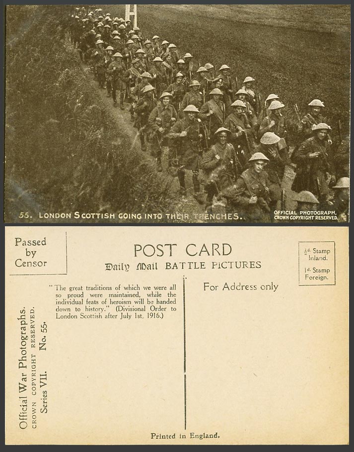 WW1 Daily Mail Old Postcard London Scottish Going into Their Trenches Soldier 55