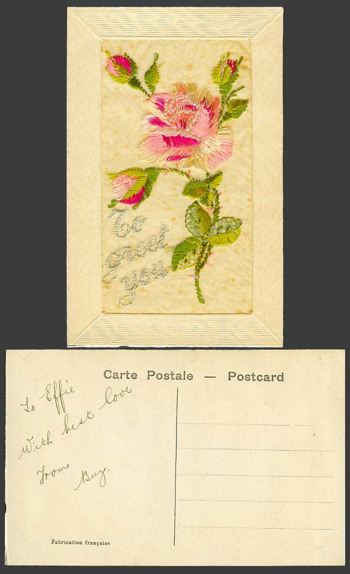 WW1 SILK Embroidered French Old Postcard To Greet You, Rose Roses Flower Flowers