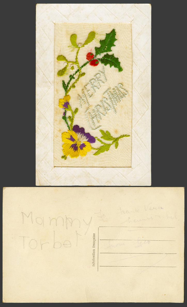 WW1 SILK Embroidered Old Postcard Merry Christmas, Holly Mistletoe Pansy Flowers