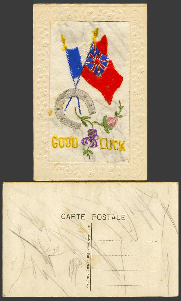 WW1 SILK Embroidered Old Postcard Good Luck Horseshoe Flags Thistle Flowers J.J.