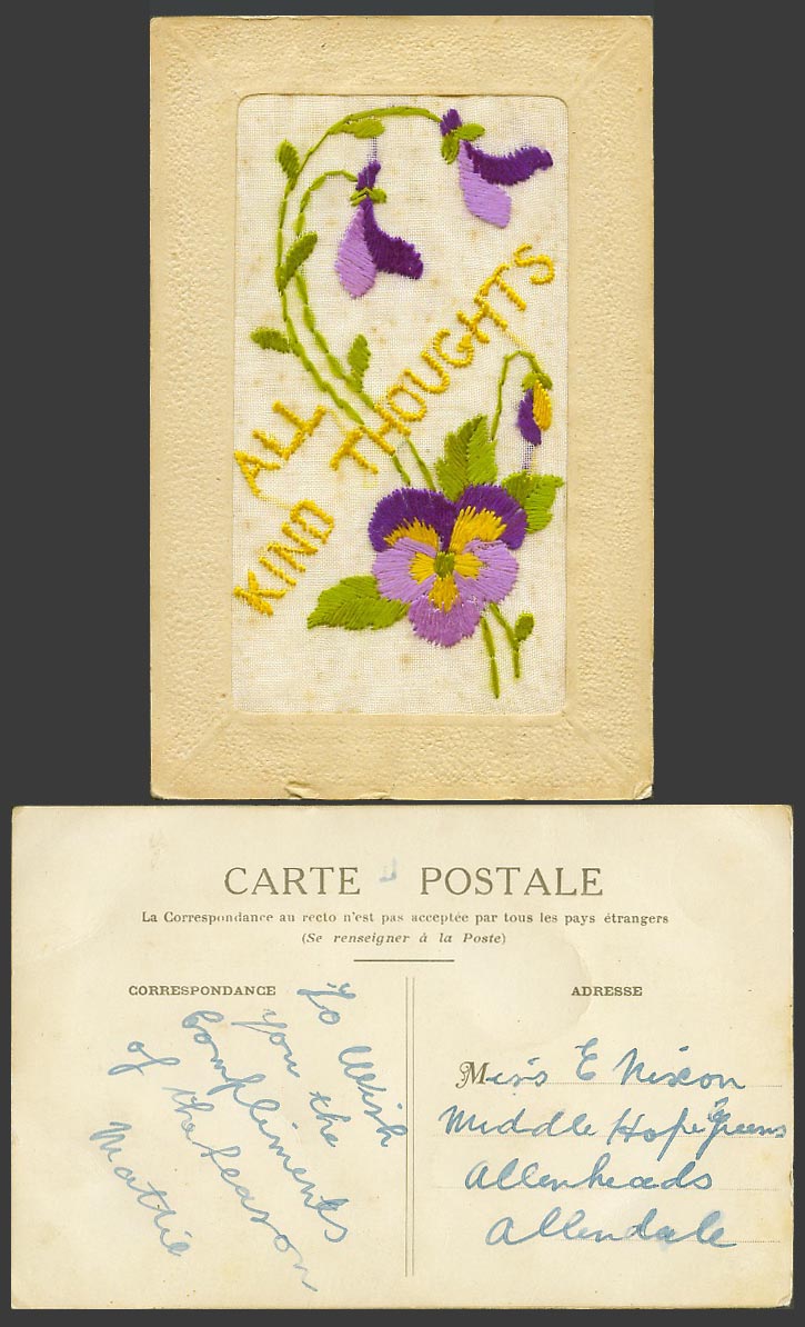 WW1 SILK Embroidered Old Postcard All Kind Thoughts Pansy Flower Flowers Novelty