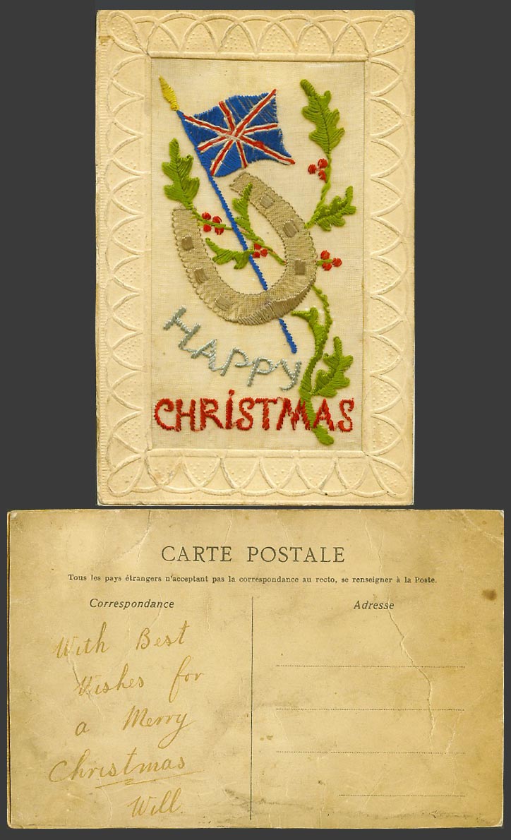 WW1 SILK Embroidered Old Postcard Happy Christmas, British Flag, Horseshoe Holly