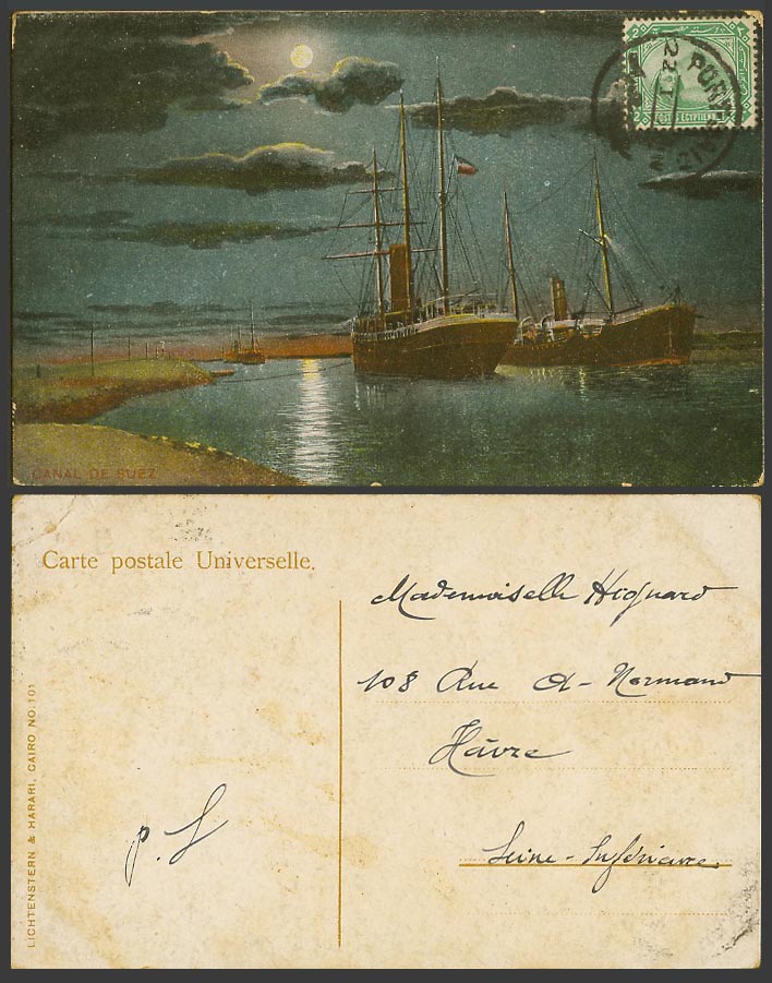 Egypt 1903 Old Colour Postcard Canal de Suez Drague Dredge Night Moonlight Moon