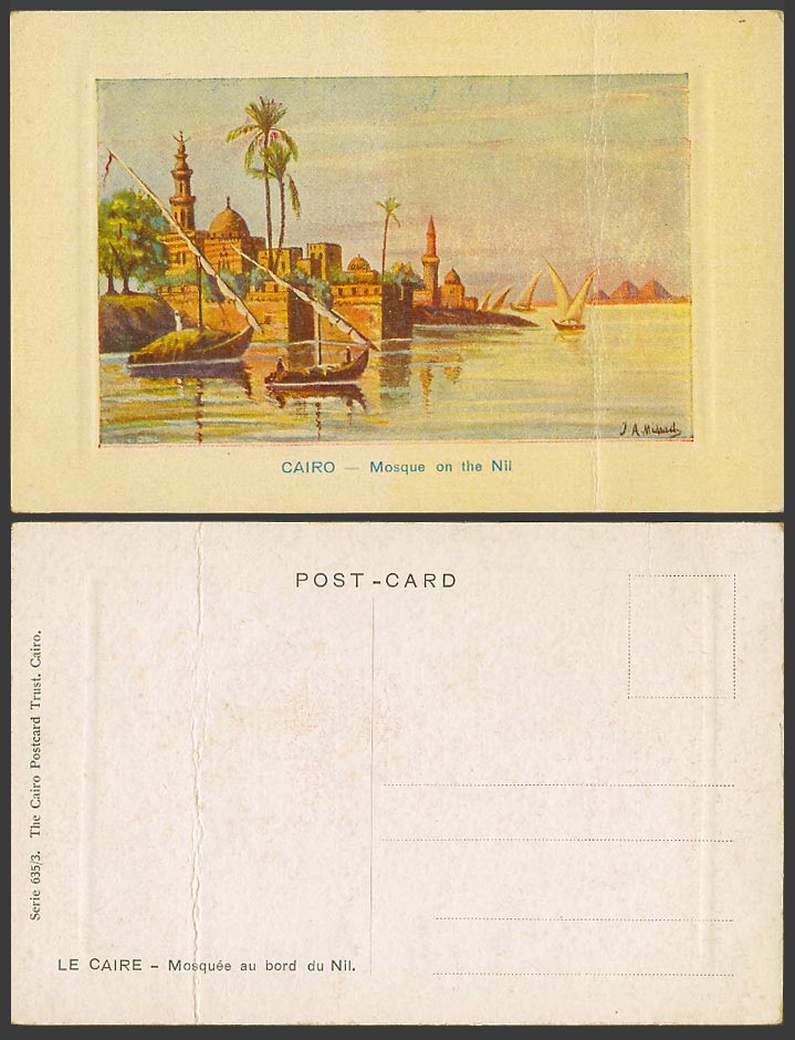 Egypt J A Midiads Old Embossed Postcard Cairo Mosque on The Nil Nile River Boats
