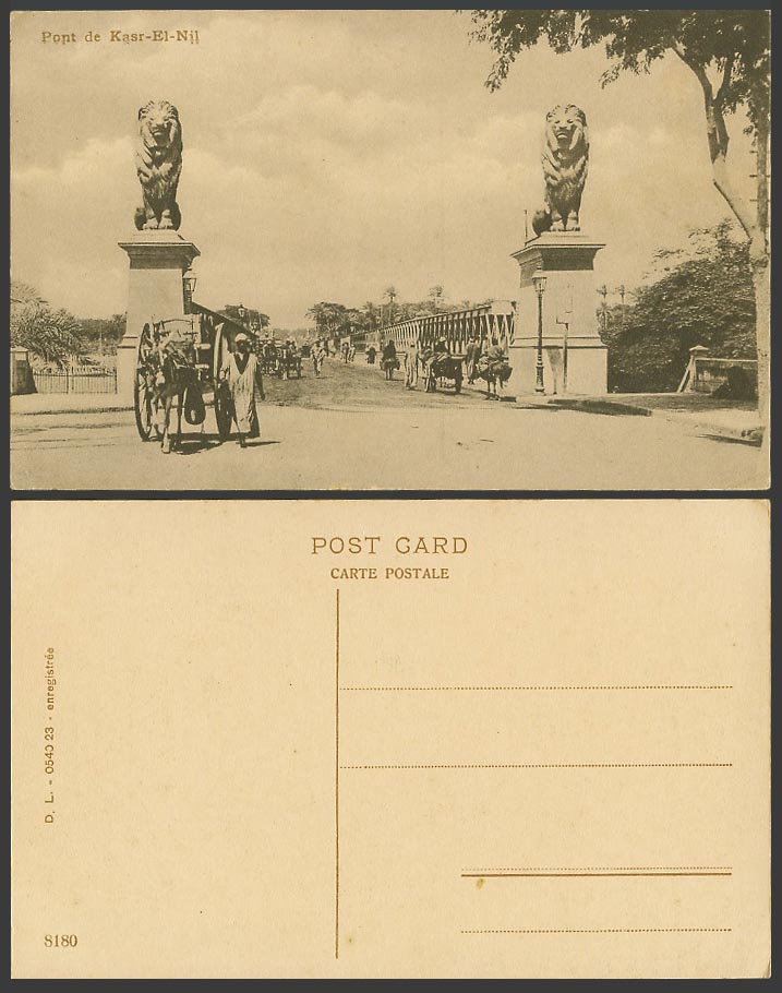 Egypt Old Postcard Cairo, Pont de Kasr-el-Nil Bridge, Lion Statues, Donkey Cart