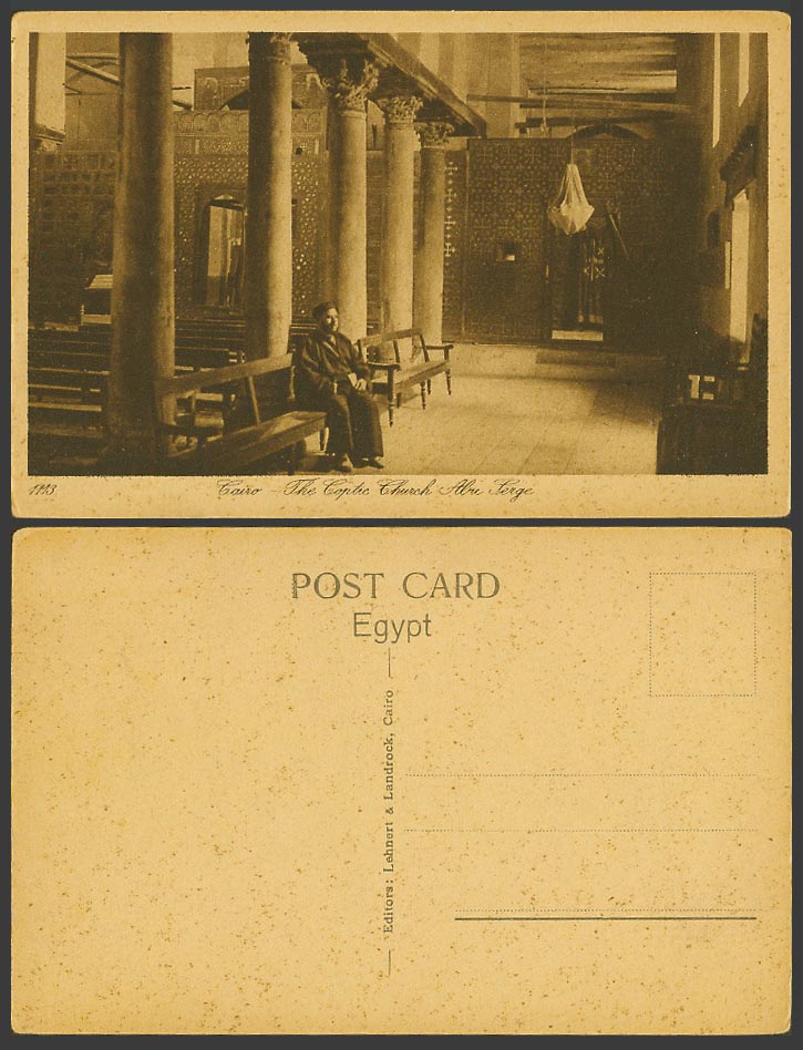 Egypt Old Postcard Cairo Interior of Coptic Church Abu Serge Caire Arab Man 1113