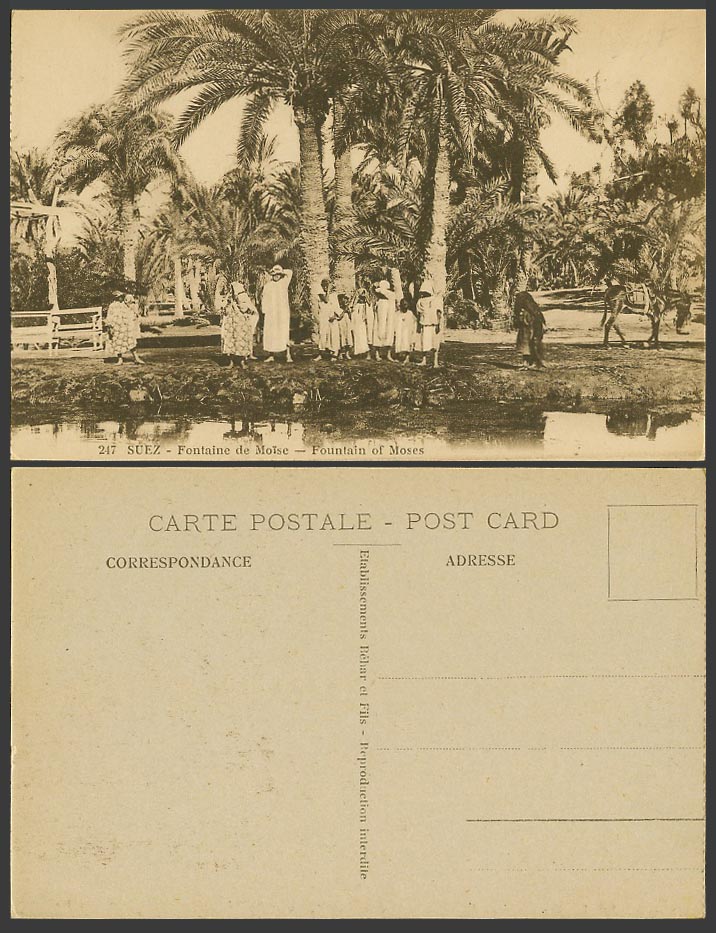 Egypt Old Postcard Suez Fountain of Moses Fontaine de Moise, Palm Trees, Natives