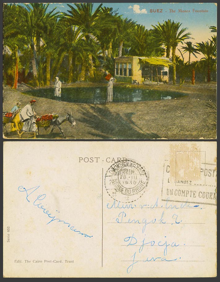 Egypt 1930 Old Colour Postcard Suez, Moses Fountain, Woman Drawing Water, Donkey